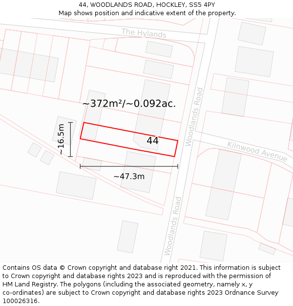 44, WOODLANDS ROAD, HOCKLEY, SS5 4PY: Plot and title map