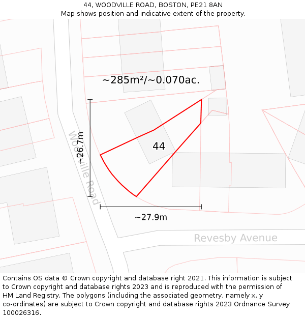 44, WOODVILLE ROAD, BOSTON, PE21 8AN: Plot and title map