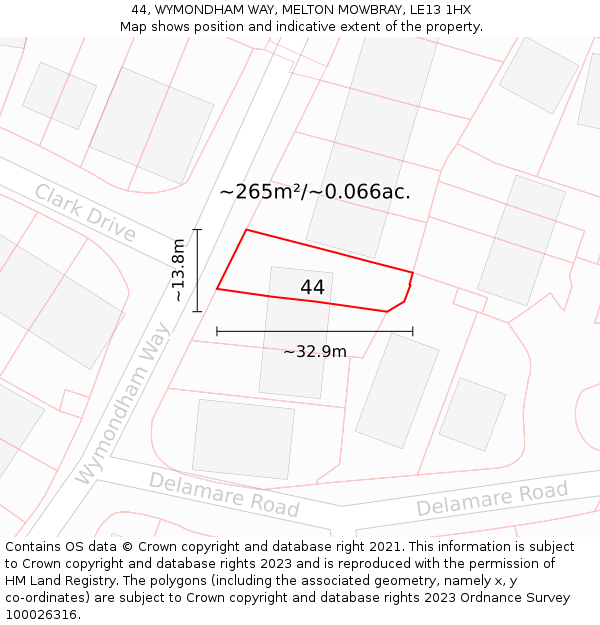 44, WYMONDHAM WAY, MELTON MOWBRAY, LE13 1HX: Plot and title map