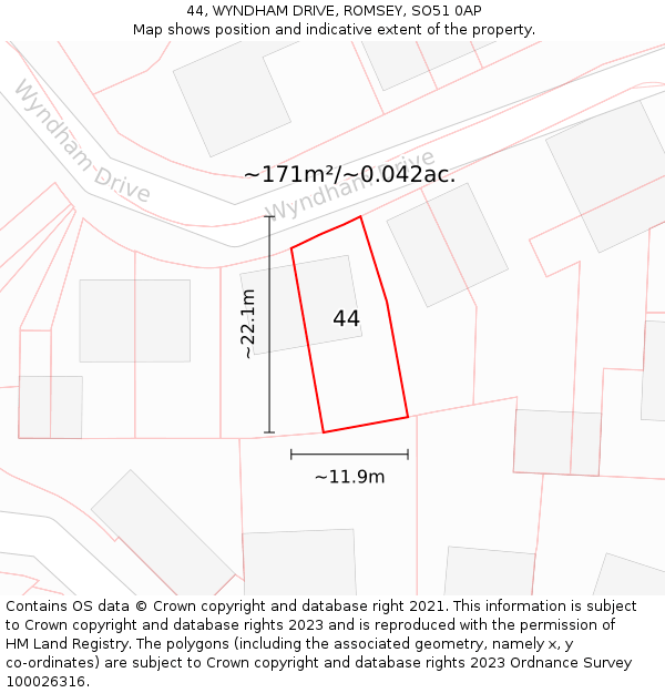 44, WYNDHAM DRIVE, ROMSEY, SO51 0AP: Plot and title map