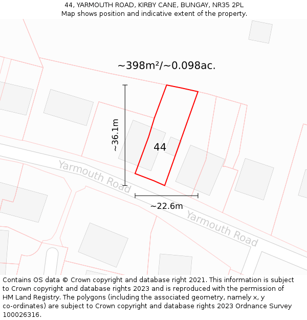 44, YARMOUTH ROAD, KIRBY CANE, BUNGAY, NR35 2PL: Plot and title map