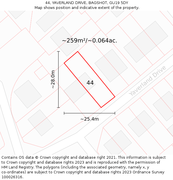 44, YAVERLAND DRIVE, BAGSHOT, GU19 5DY: Plot and title map