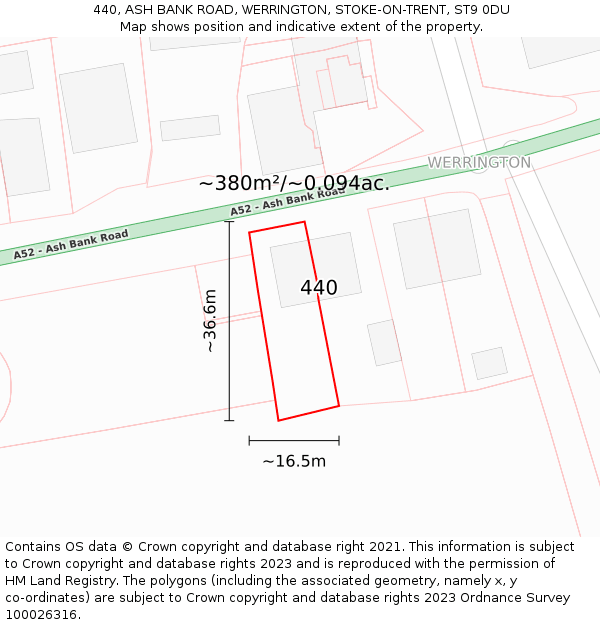 440, ASH BANK ROAD, WERRINGTON, STOKE-ON-TRENT, ST9 0DU: Plot and title map