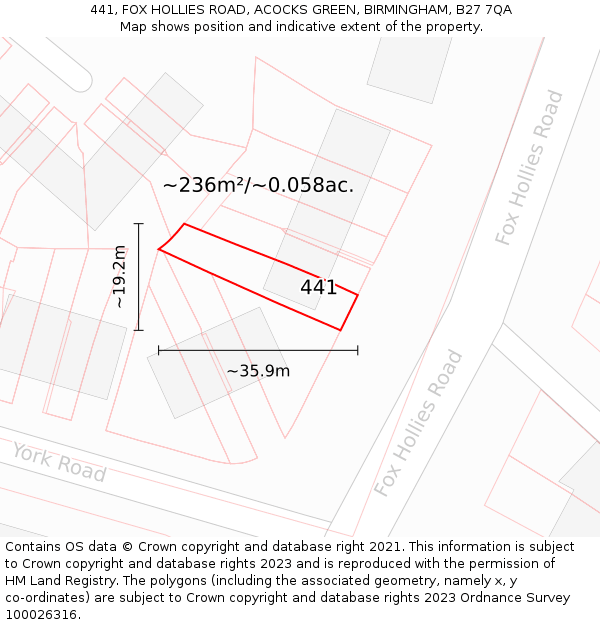 441, FOX HOLLIES ROAD, ACOCKS GREEN, BIRMINGHAM, B27 7QA: Plot and title map