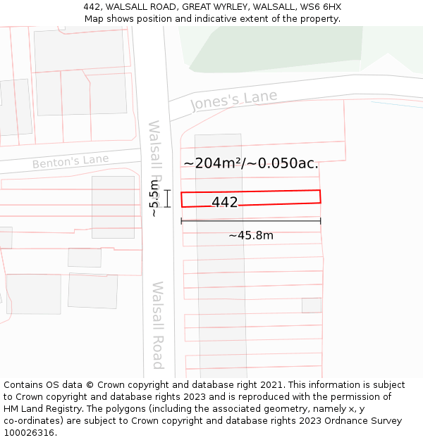 442, WALSALL ROAD, GREAT WYRLEY, WALSALL, WS6 6HX: Plot and title map