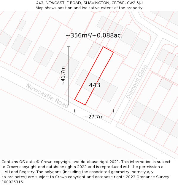 443, NEWCASTLE ROAD, SHAVINGTON, CREWE, CW2 5JU: Plot and title map