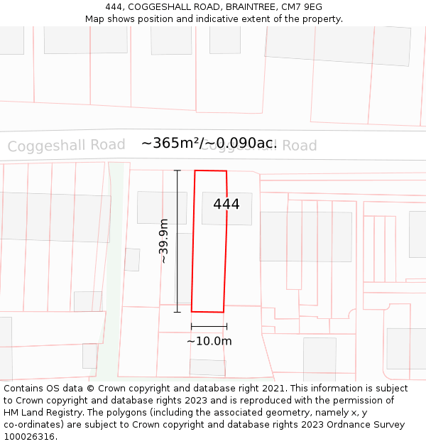 444, COGGESHALL ROAD, BRAINTREE, CM7 9EG: Plot and title map