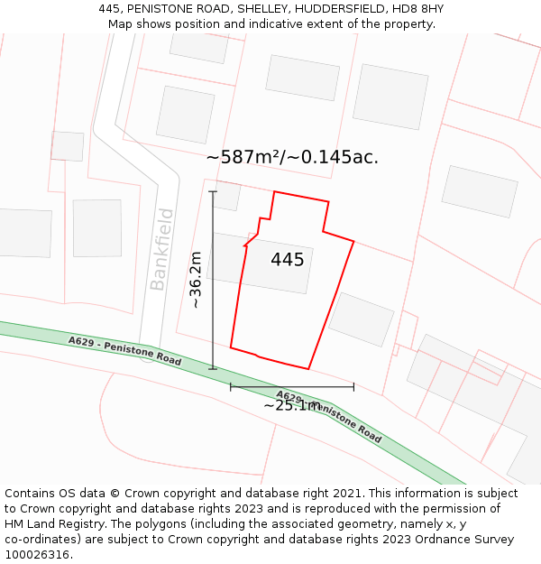 445, PENISTONE ROAD, SHELLEY, HUDDERSFIELD, HD8 8HY: Plot and title map