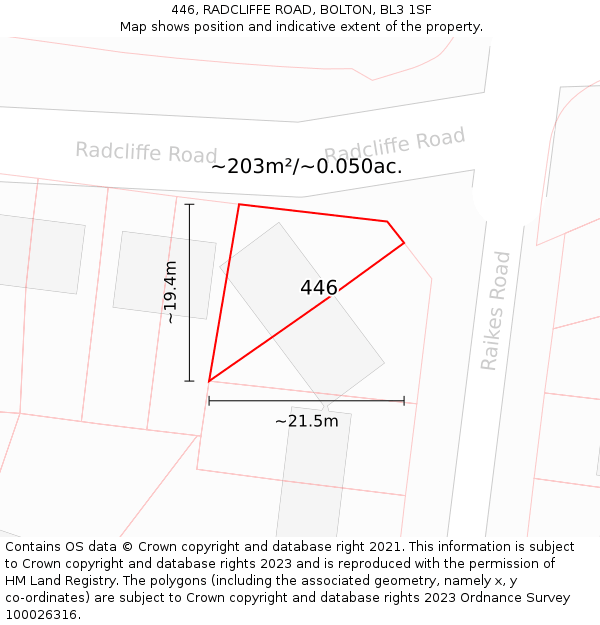 446, RADCLIFFE ROAD, BOLTON, BL3 1SF: Plot and title map