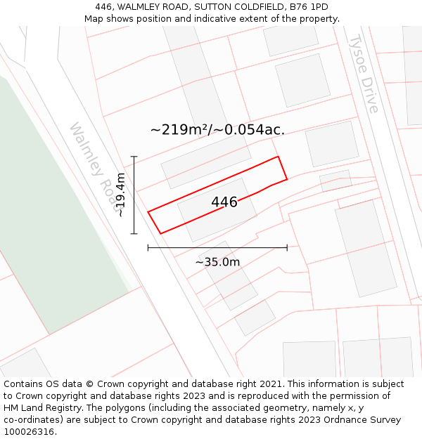 446, WALMLEY ROAD, SUTTON COLDFIELD, B76 1PD: Plot and title map