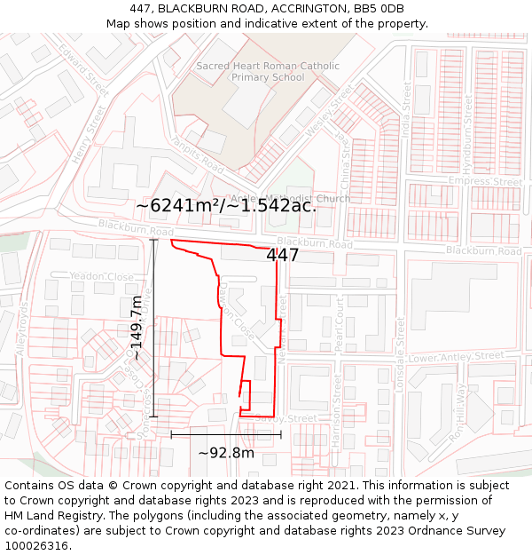 447, BLACKBURN ROAD, ACCRINGTON, BB5 0DB: Plot and title map