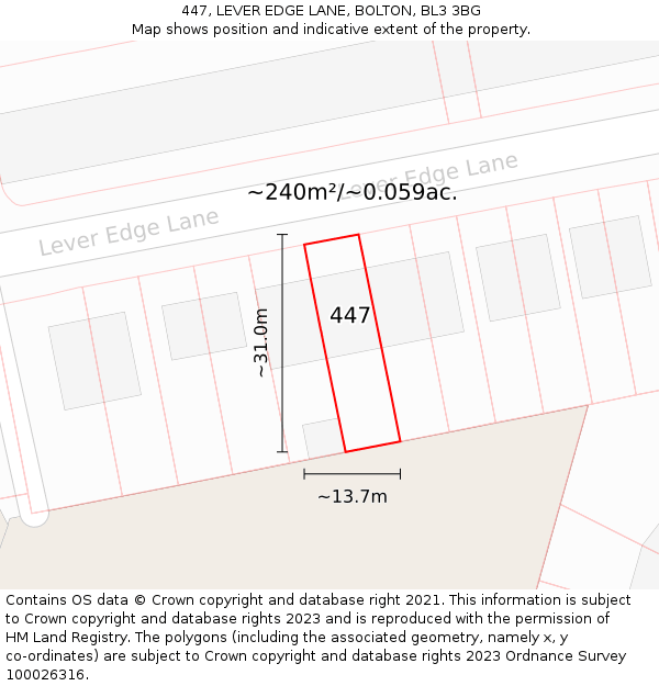 447, LEVER EDGE LANE, BOLTON, BL3 3BG: Plot and title map