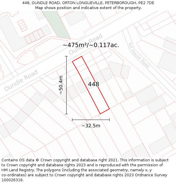 448, OUNDLE ROAD, ORTON LONGUEVILLE, PETERBOROUGH, PE2 7DE: Plot and title map