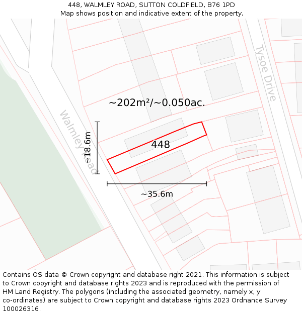 448, WALMLEY ROAD, SUTTON COLDFIELD, B76 1PD: Plot and title map