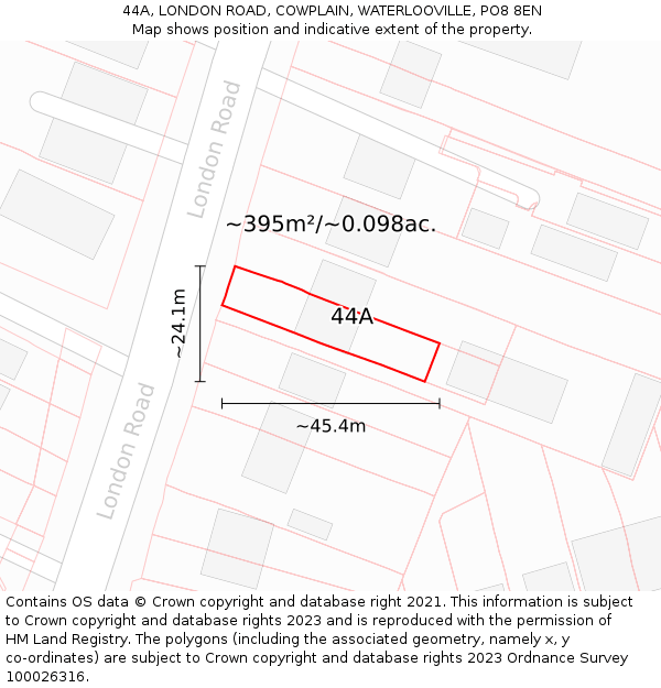 44A, LONDON ROAD, COWPLAIN, WATERLOOVILLE, PO8 8EN: Plot and title map