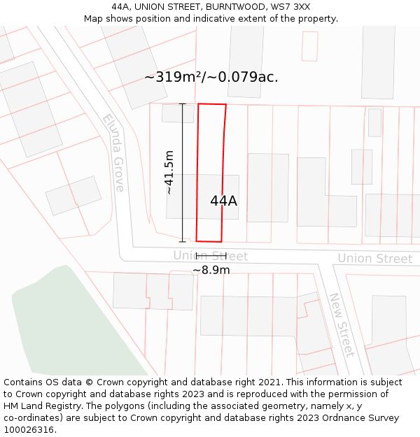 44A, UNION STREET, BURNTWOOD, WS7 3XX: Plot and title map