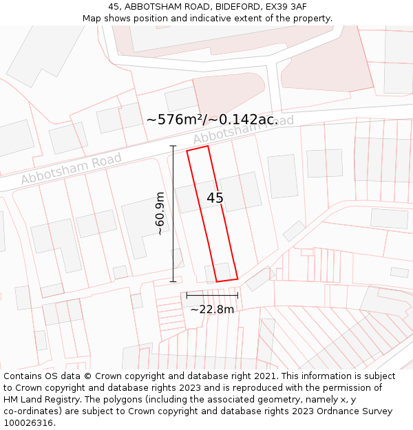 45, ABBOTSHAM ROAD, BIDEFORD, EX39 3AF: Plot and title map