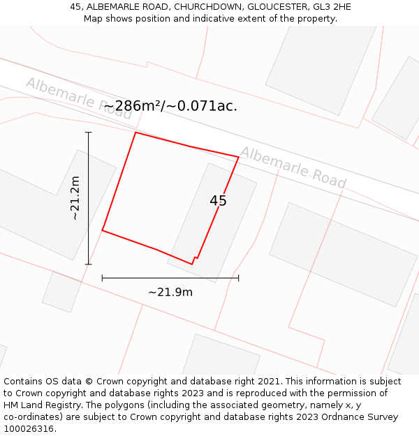 45, ALBEMARLE ROAD, CHURCHDOWN, GLOUCESTER, GL3 2HE: Plot and title map