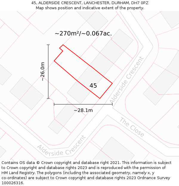 45, ALDERSIDE CRESCENT, LANCHESTER, DURHAM, DH7 0PZ: Plot and title map