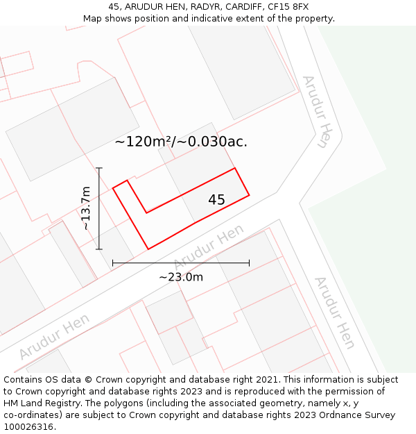 45, ARUDUR HEN, RADYR, CARDIFF, CF15 8FX: Plot and title map