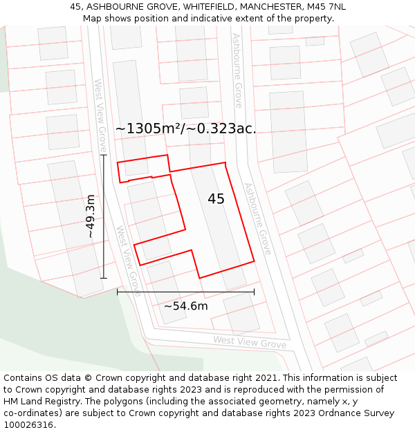 45, ASHBOURNE GROVE, WHITEFIELD, MANCHESTER, M45 7NL: Plot and title map