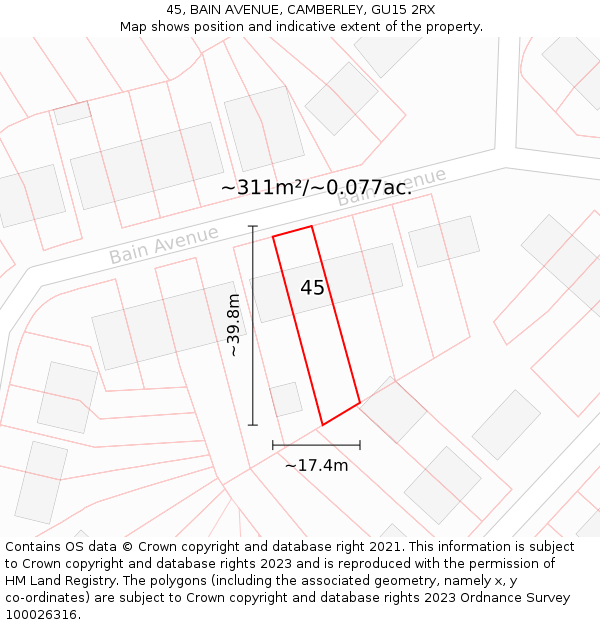 45, BAIN AVENUE, CAMBERLEY, GU15 2RX: Plot and title map