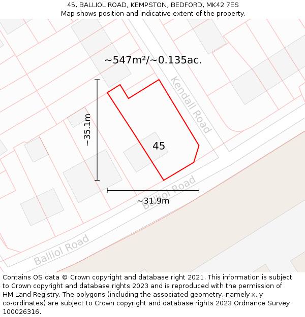 45, BALLIOL ROAD, KEMPSTON, BEDFORD, MK42 7ES: Plot and title map