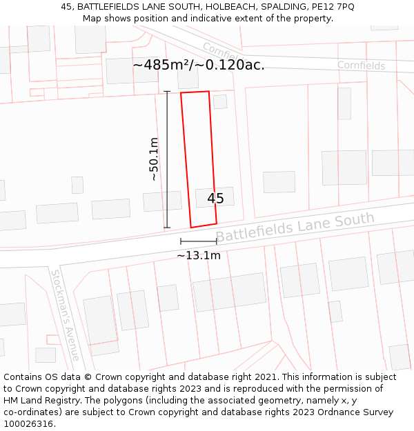 45, BATTLEFIELDS LANE SOUTH, HOLBEACH, SPALDING, PE12 7PQ: Plot and title map