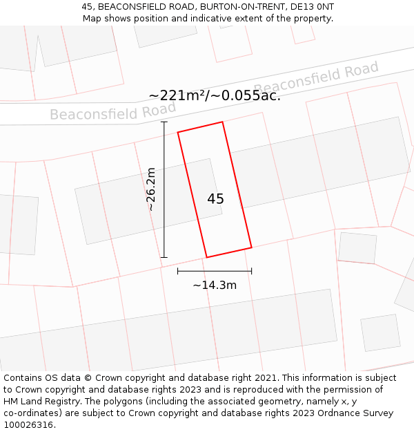45, BEACONSFIELD ROAD, BURTON-ON-TRENT, DE13 0NT: Plot and title map