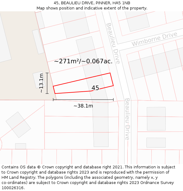 45, BEAULIEU DRIVE, PINNER, HA5 1NB: Plot and title map