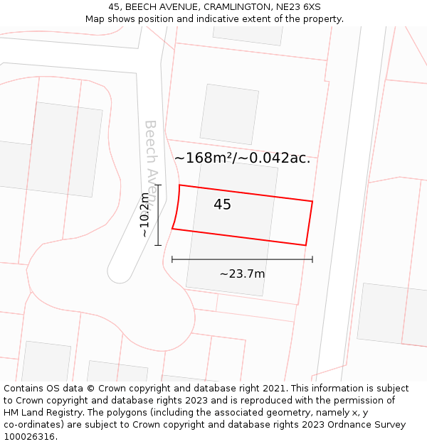 45, BEECH AVENUE, CRAMLINGTON, NE23 6XS: Plot and title map