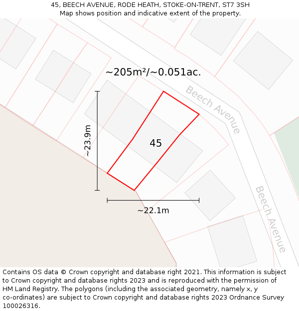 45, BEECH AVENUE, RODE HEATH, STOKE-ON-TRENT, ST7 3SH: Plot and title map