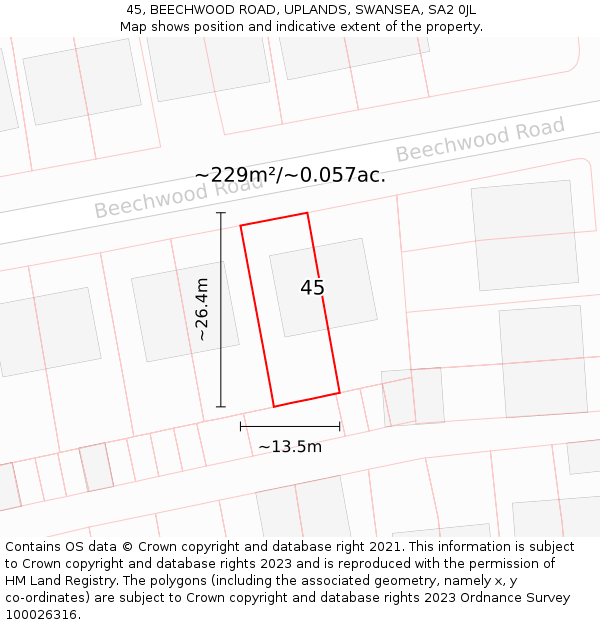 45, BEECHWOOD ROAD, UPLANDS, SWANSEA, SA2 0JL: Plot and title map
