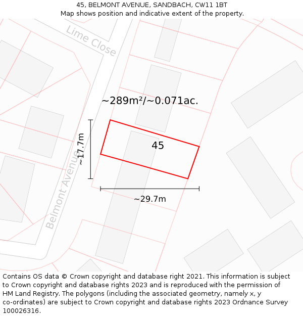 45, BELMONT AVENUE, SANDBACH, CW11 1BT: Plot and title map