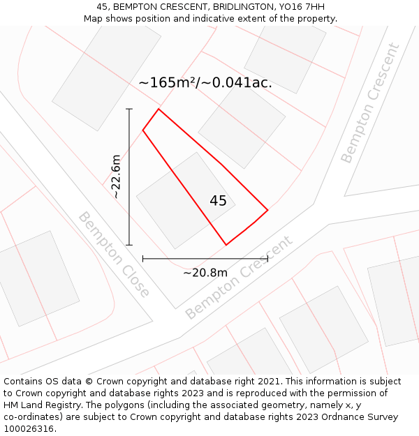 45, BEMPTON CRESCENT, BRIDLINGTON, YO16 7HH: Plot and title map