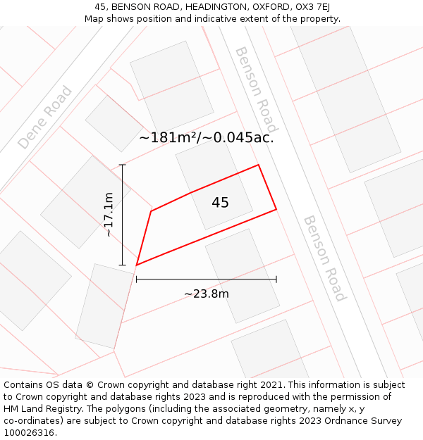 45, BENSON ROAD, HEADINGTON, OXFORD, OX3 7EJ: Plot and title map