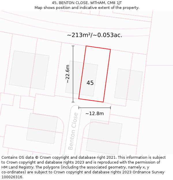 45, BENTON CLOSE, WITHAM, CM8 1JT: Plot and title map