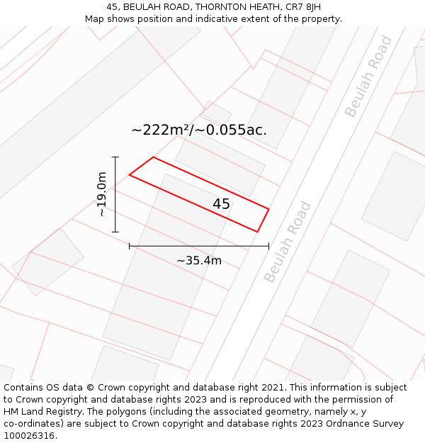 45, BEULAH ROAD, THORNTON HEATH, CR7 8JH: Plot and title map