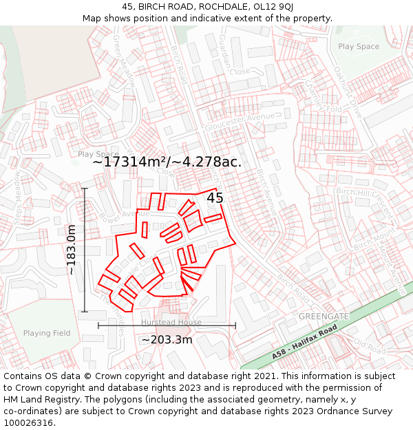 45, BIRCH ROAD, ROCHDALE, OL12 9QJ: Plot and title map