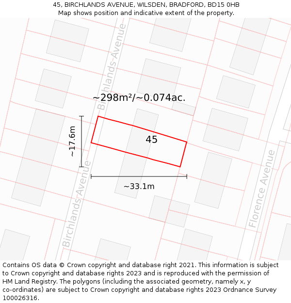 45, BIRCHLANDS AVENUE, WILSDEN, BRADFORD, BD15 0HB: Plot and title map