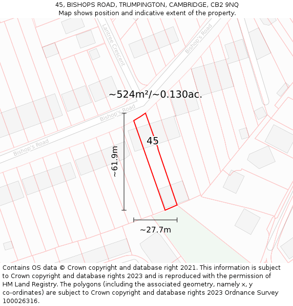 45, BISHOPS ROAD, TRUMPINGTON, CAMBRIDGE, CB2 9NQ: Plot and title map