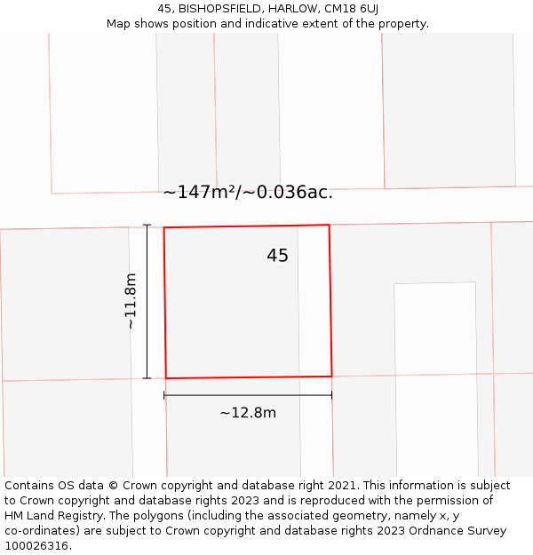 45, BISHOPSFIELD, HARLOW, CM18 6UJ: Plot and title map