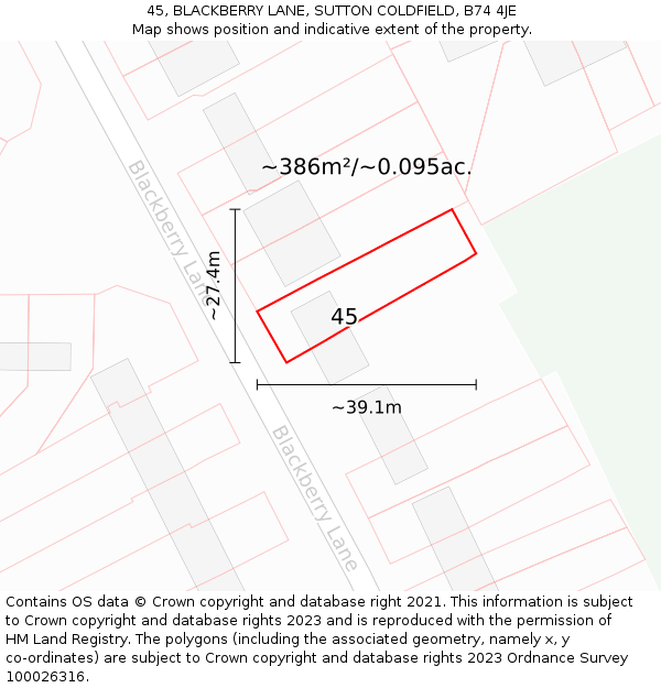 45, BLACKBERRY LANE, SUTTON COLDFIELD, B74 4JE: Plot and title map