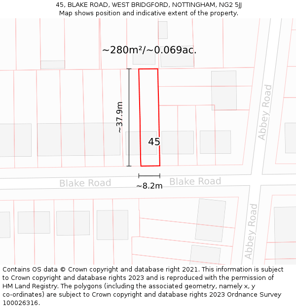 45, BLAKE ROAD, WEST BRIDGFORD, NOTTINGHAM, NG2 5JJ: Plot and title map