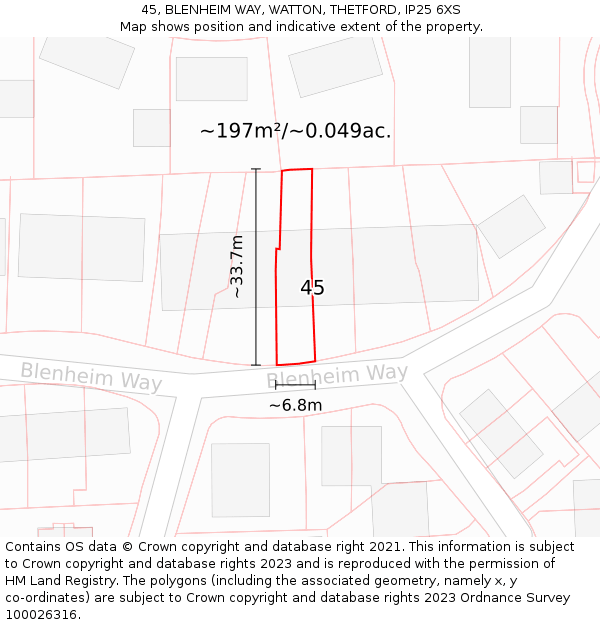 45, BLENHEIM WAY, WATTON, THETFORD, IP25 6XS: Plot and title map