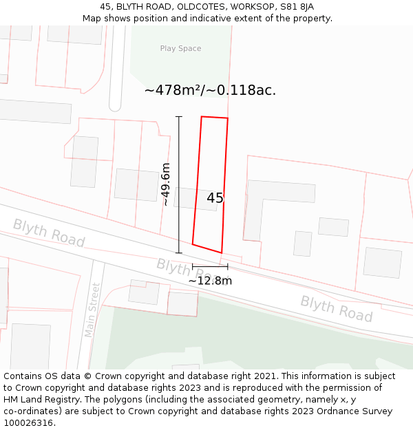 45, BLYTH ROAD, OLDCOTES, WORKSOP, S81 8JA: Plot and title map