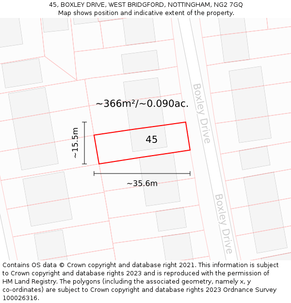 45, BOXLEY DRIVE, WEST BRIDGFORD, NOTTINGHAM, NG2 7GQ: Plot and title map