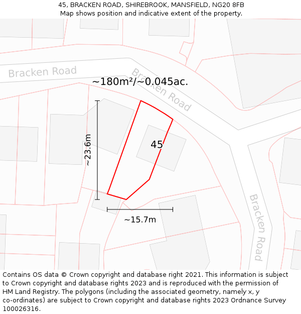 45, BRACKEN ROAD, SHIREBROOK, MANSFIELD, NG20 8FB: Plot and title map