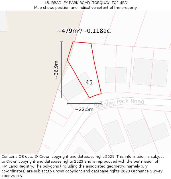 45, BRADLEY PARK ROAD, TORQUAY, TQ1 4RD: Plot and title map