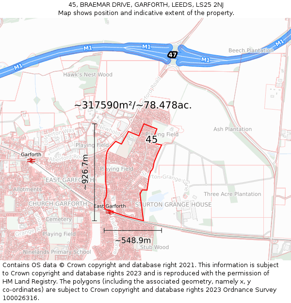 45, BRAEMAR DRIVE, GARFORTH, LEEDS, LS25 2NJ: Plot and title map